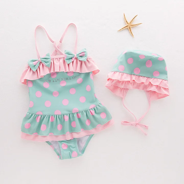 

Hot Selling Soft Pink Light Green Dots Bow Even Bathing Suit