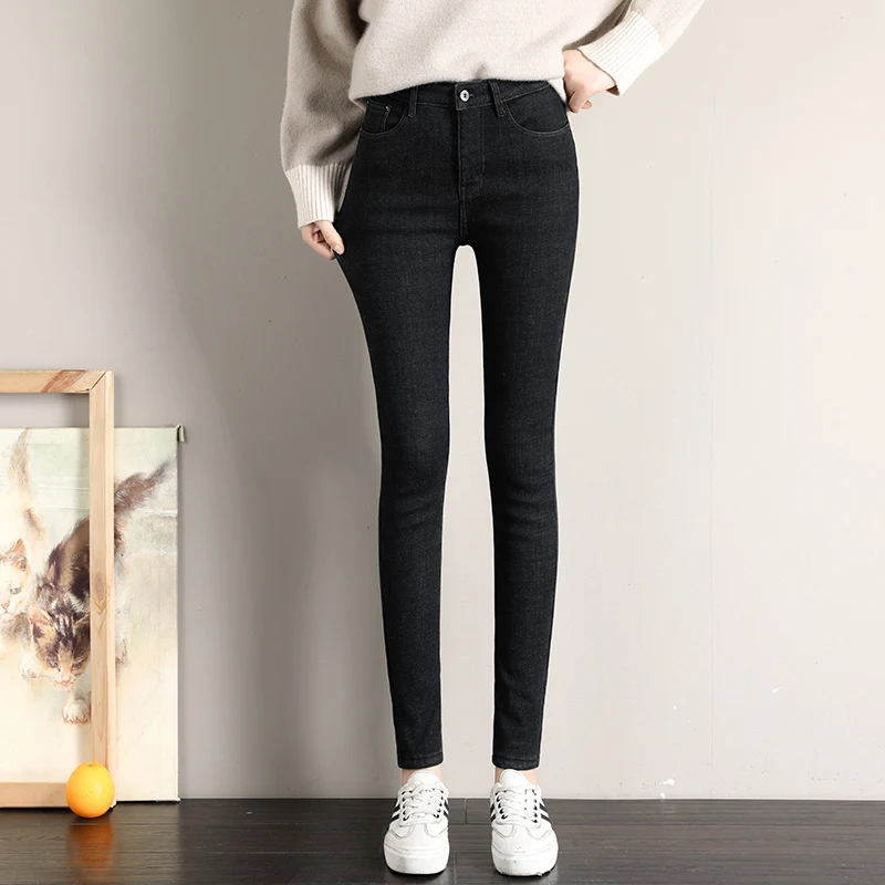 Зимние плотные бархатные женские обтягивающие джинсы, простые флисовые теплые облегающие джинсы с высокой талией, женские повседневные узкие джинсовые брюки
