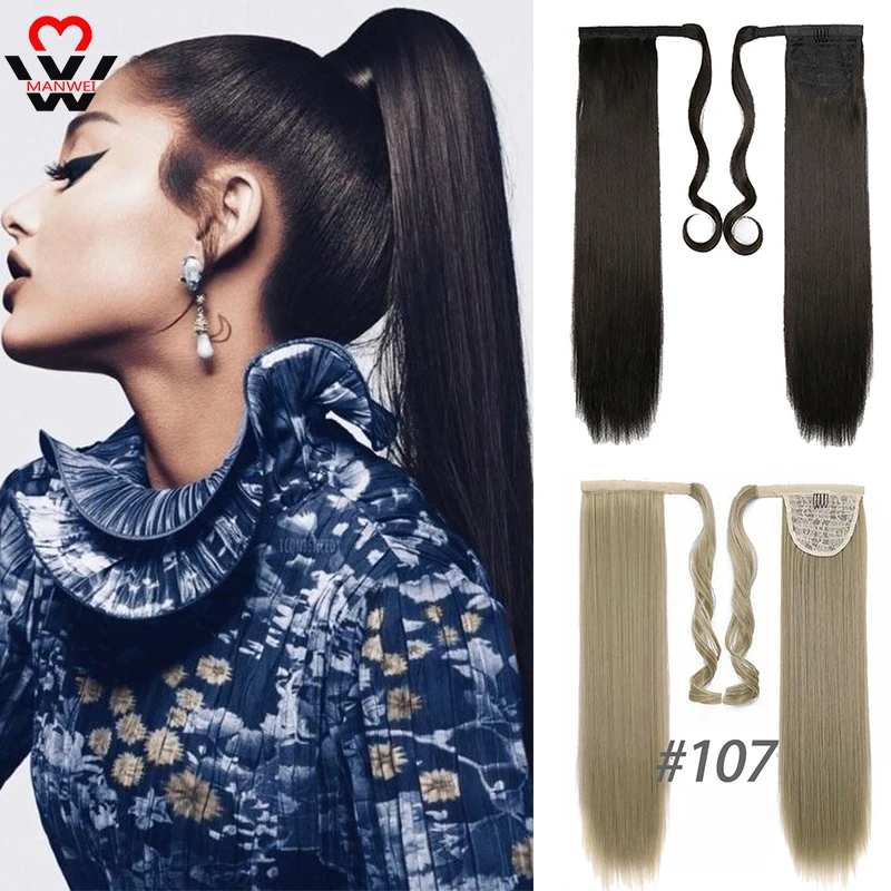 

MANWEIFalse Ponytail Hair Extension Wig Clip in Straight Kinky Curly Long Synthetic Wrap Around Pony Tail Black Blonde Hairpiece