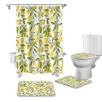 

Fruit Lemon Yellow Shower Curtains Set Bath Mat Set Toilet Cover Waterproof Bathroom Shower Curtain and Rug Sets