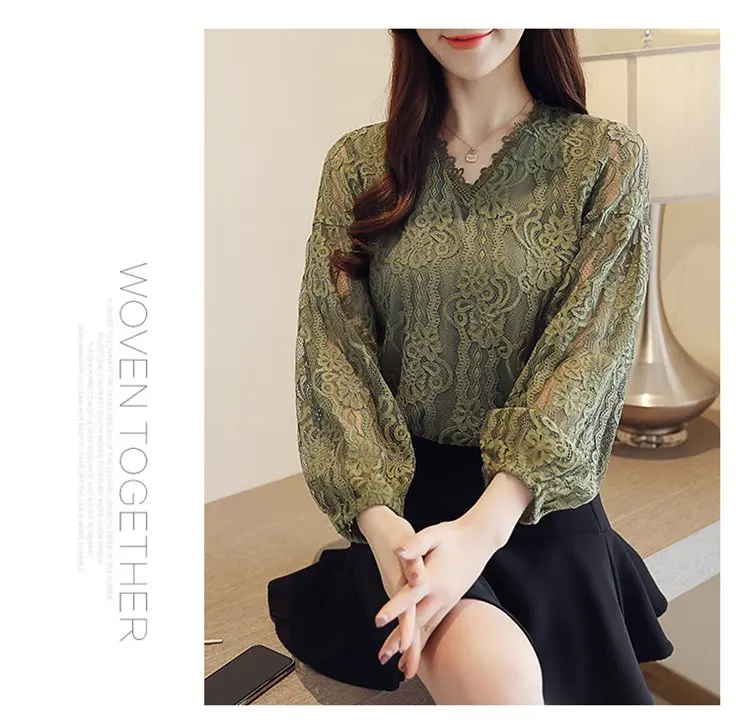 Women's Large Size Blouse Green Lace Tops Fashion Long Sleeve Blusas Mujer 2019 Moda Autumn Elegant Dentelle Shirts Female (4)