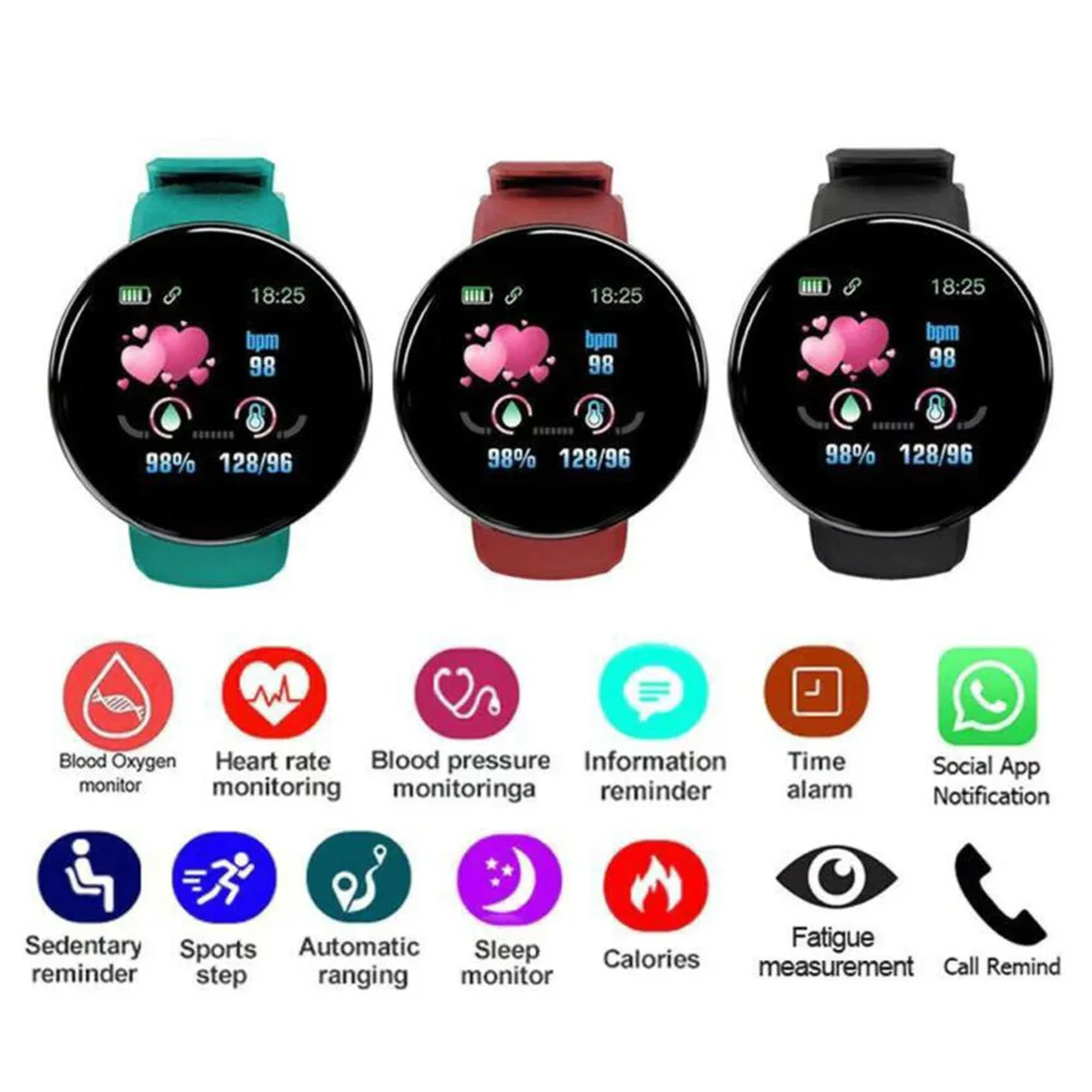 D18 Smart Watch For Men/Women Heart Rate Watches Round Wristband Sports Blood Pressure Smart Band Smartwatch Android Ios Gift