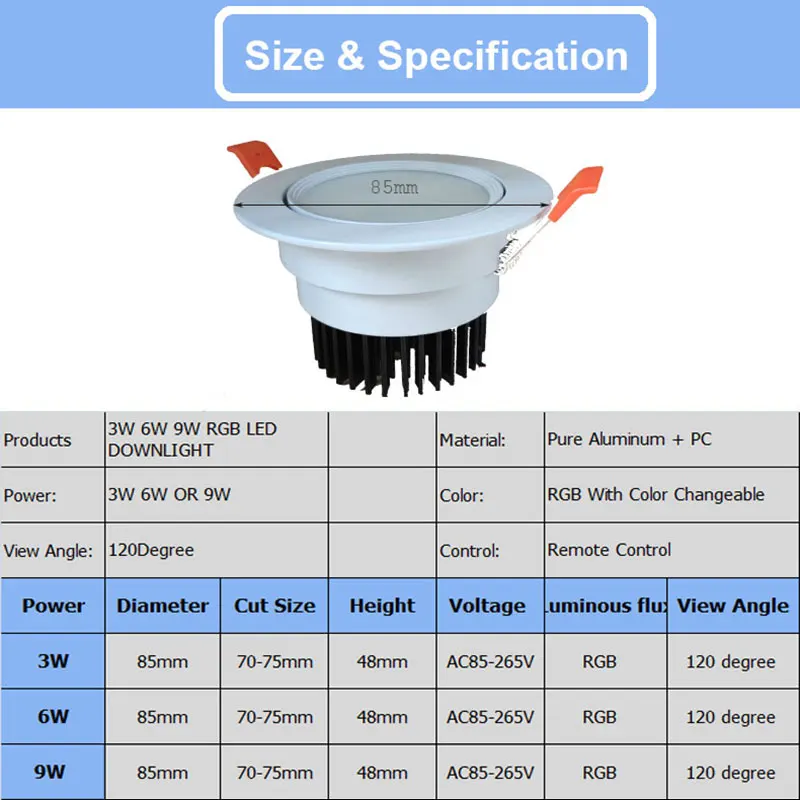 4pcs 3W 6W 9W RGB LED Ceiling Lamp Down Lights Color Changeable Recessed Downlight With REmote AC85-265V Dimmable RGB Spotlight