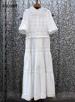 

100%Cotton Long Dress 2020 Summer Style Women Hollow Out Lace Embroidery Patchwork Short Sleeve White Dark Blue Long Maxi Dress