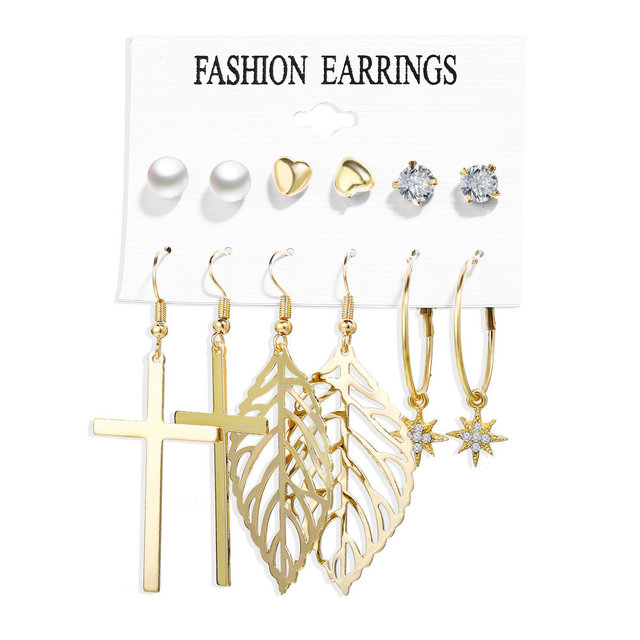 Fashion Trend New Jewelry Acrylic Faux Pearl Circle Tassel Earrings Set Geometric Crystal Cross Leaf Flower Heart Earrings