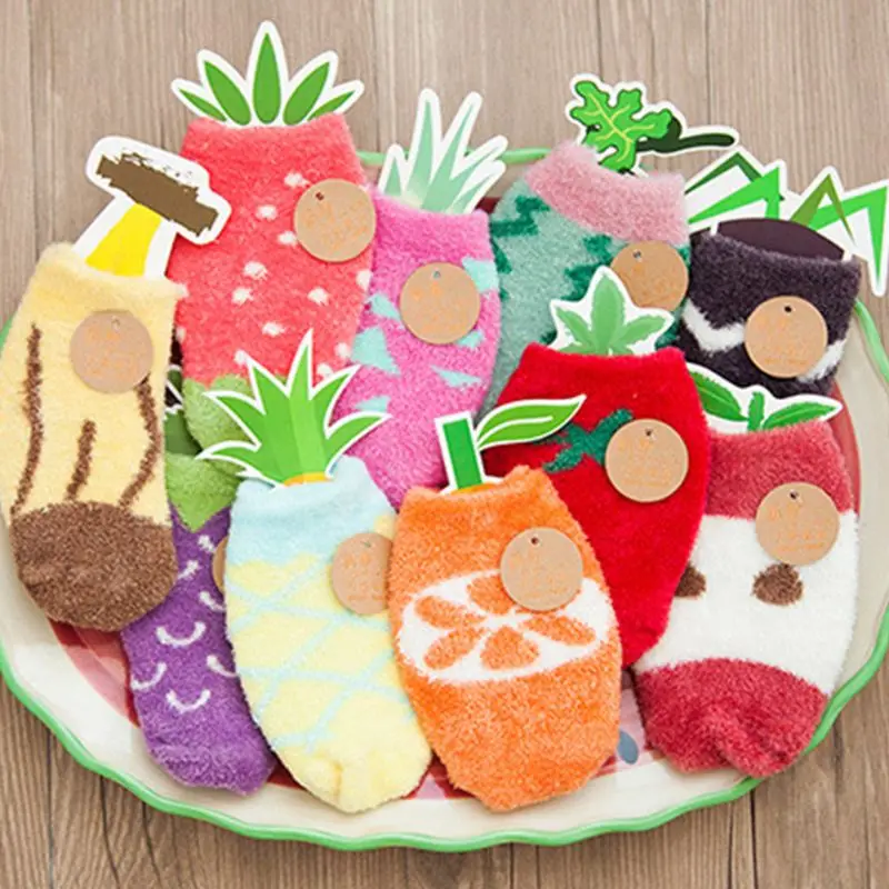 Короткие бархатные носки кораллового цвета с милым фруктовым вкусом для малышей нескользящие носки, милые теплые носки ярких цветов для дома и сна