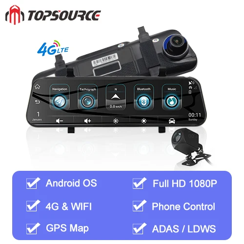 TOPSOURCE Android зеркало 4G DVR ADAS Автомобильная камера 1" авто зеркало заднего вида 1080P WiFi gps видеорегистратор регистратор видео рекордер - Название цвета: Android 4G