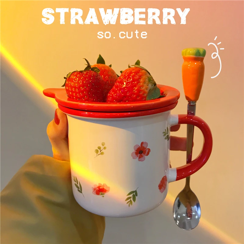 

Ins Cute Korean Breakfast Milk Water Cup Girl Heart Student Ceramic Cup Creative Household Mug with Lid