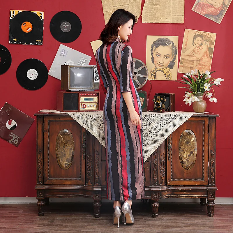 Винтажный китайский воротник Qipao женское с новогодней елкой, бумажный платье кружевной отделки с принтом атласное платье M-4XL