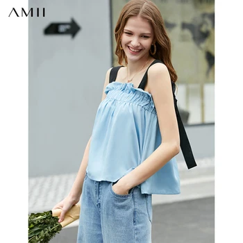 

AMII Minimalism Spring Summer Splice Vest Blouse Women Causal Bow Loose Blouse Tops 11920086