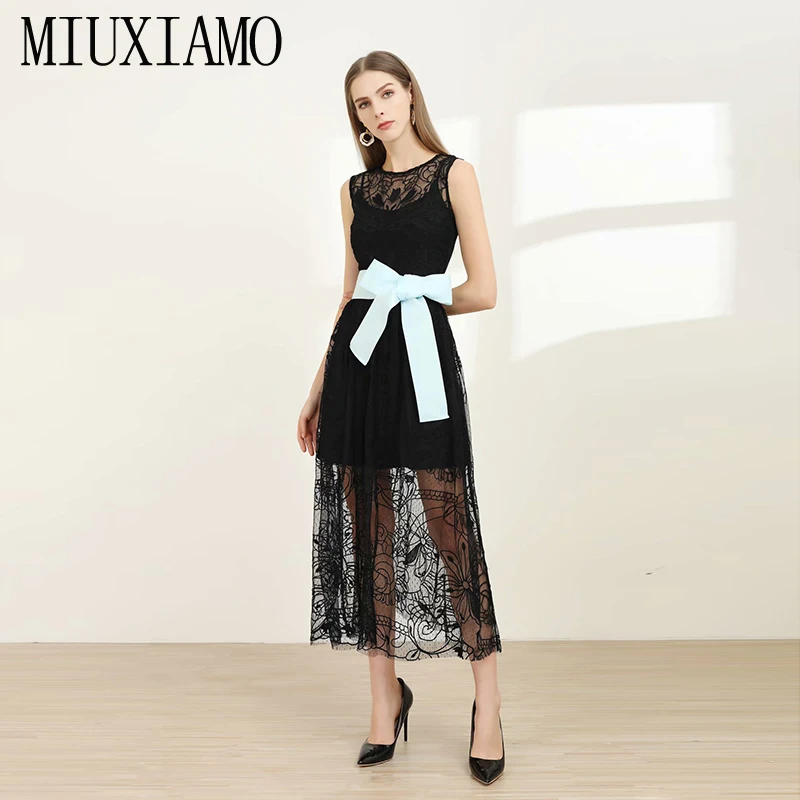 MIUXIMAO, высокое качество,, весеннее платье, роскошная Цветочная вышивка, длинный рукав, элегантное, черное, длинное платье для женщин, vestidos с поясом