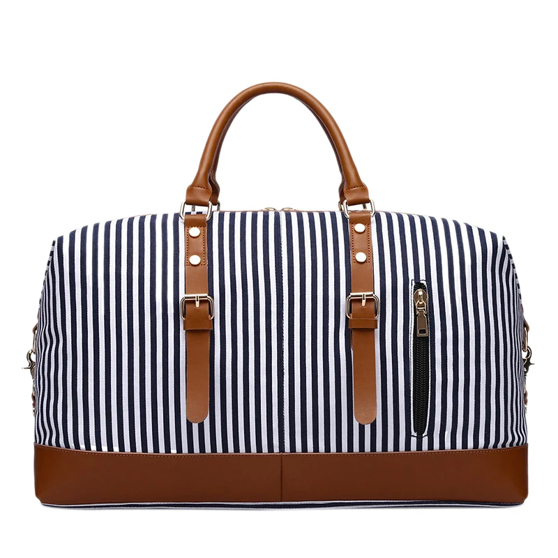 

New Canvas Large-Capacity Fashion Duffel Bag for Women Carry On Weekender Overnight Bag over Sized Blue Strips