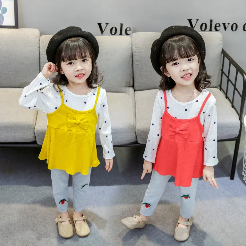 

2019 Children Clothes Autumn Female Baby Dotted Camisole New Style Korean-style Long Sleeve Leggings Two-Piece Set