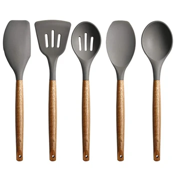 

Set of 5 Silicone Cookware Set, Wooden Handle Spatula, Spoon Brush, Non Stick Cookware, Kitchen Utensils