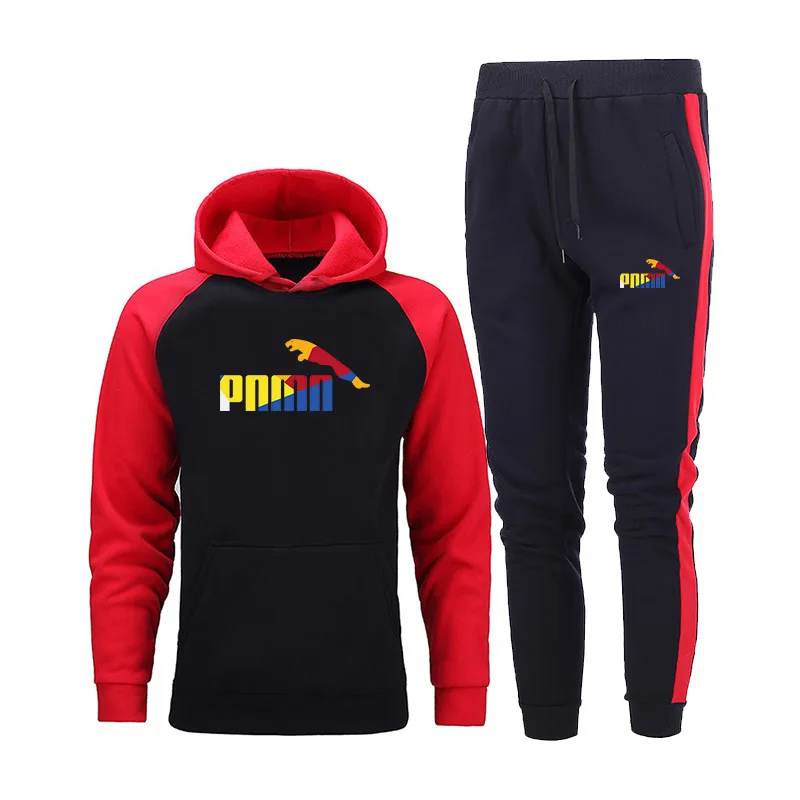 

2020 autumn and winter new men's sweater suit fleece thick personality color matching + printing unisex two-piece sweatshirt
