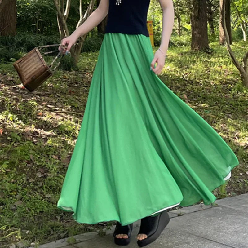 TIYIHAILEY Free Shipping 2021 Fashion Long Maxi A-Line Elastic Waist Women Double Layer Chiffon Green Big Hem Skirts With Belt