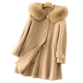 

2019 New Winter Wool Coats Granule Sheep Shearing Fur Coat Loose Mother Coat Female Fox Fur Collar Hooded Woolen Jacket NS1337