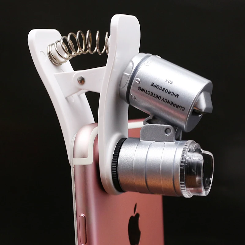 60X LED Smart Phone Microscope Currency Detecting Microscope Universal Clip Mobile Magnifier LED UV Light f/ Gem Identification
