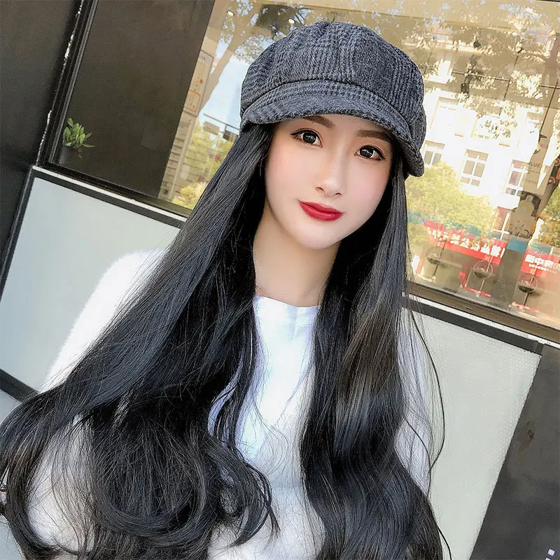 Beret Cap with Wigs Hats Hair Synthetic Short Hair Hat for Women