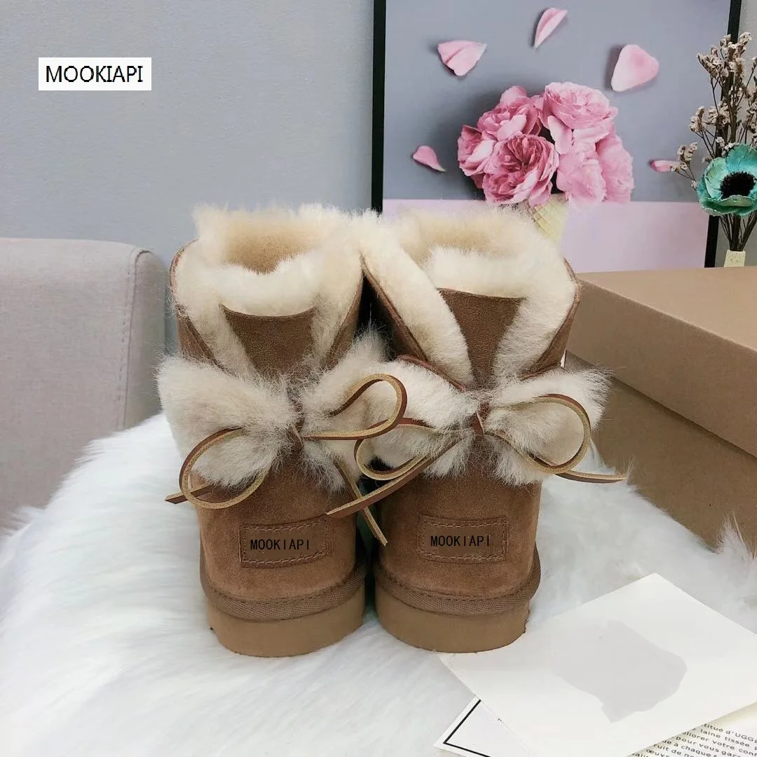 Г. Австралийский бренд, зимние сапоги высокого качества натуральная овчина чистая натуральная шерсть женская обувь с самым теплым бантом на шнуровке