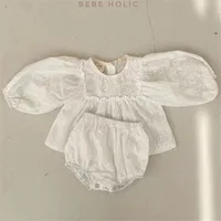 Ensemble de vêtements vintage en dentelle brodée pour filles, combinaison à manches longues printemps-automne pour bébés et tout-petits, tenue pour enfants 3