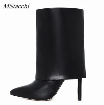 

MStacchi All-match Women's Boots Leather Thin Heel Eversion Pointed Toe Black Beown Boots 2020 Winter Boots Botas Mujer Leisure