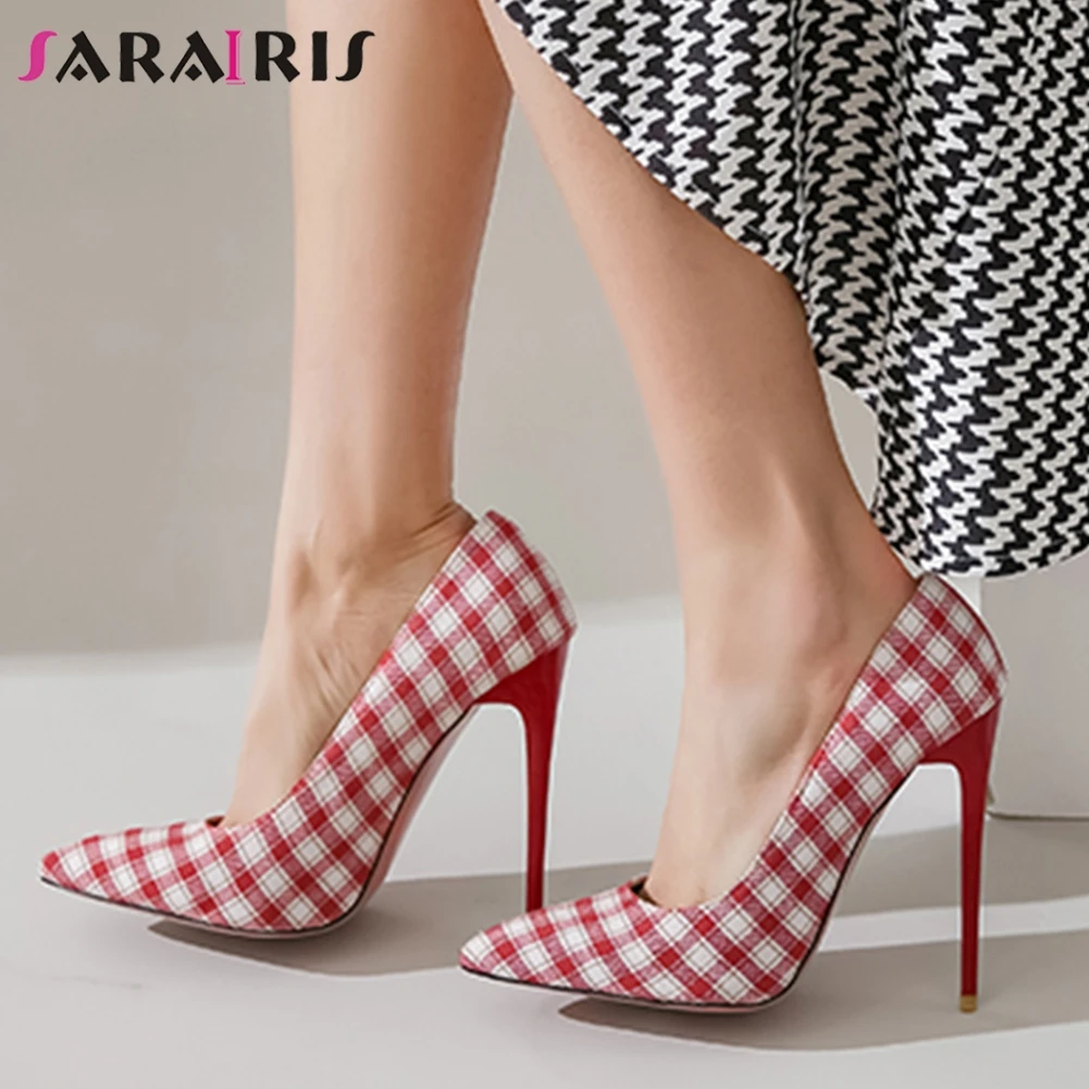 

SARAIRIS Spring Slip On Thin Heels Pumps Fashion Lattice Cloth High Heels Pumps Women Pointed Toe Sexy Party Shoes Woman