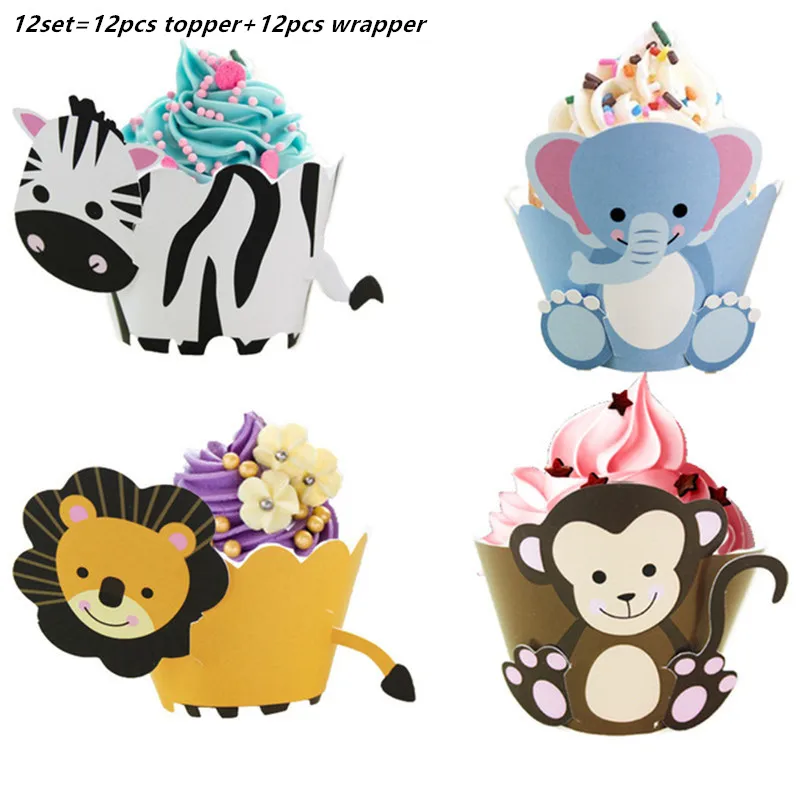 12set wrapper 24 шт Вечерние сафари Джунгли животных Кекс Picks выбор День рождения украшение детский душ мальчик сувениры кекс Toppers - Цвет: 12set wrapper