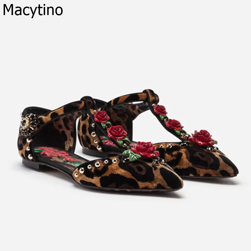 

2019 Spring Autumn Loafers Solid Leopard Ballet Flats Casual Rose T Strap Shoes Pointed Toe Woman Comfort Dress Flat