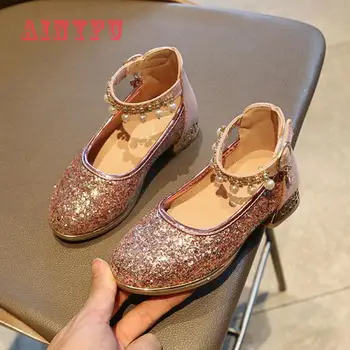 

Children Leather Shoes Bling Bling High Heeled Shoes Girls Shoes Sequins Luxury Princess Shoes Dance Wedding Party Shoes B662