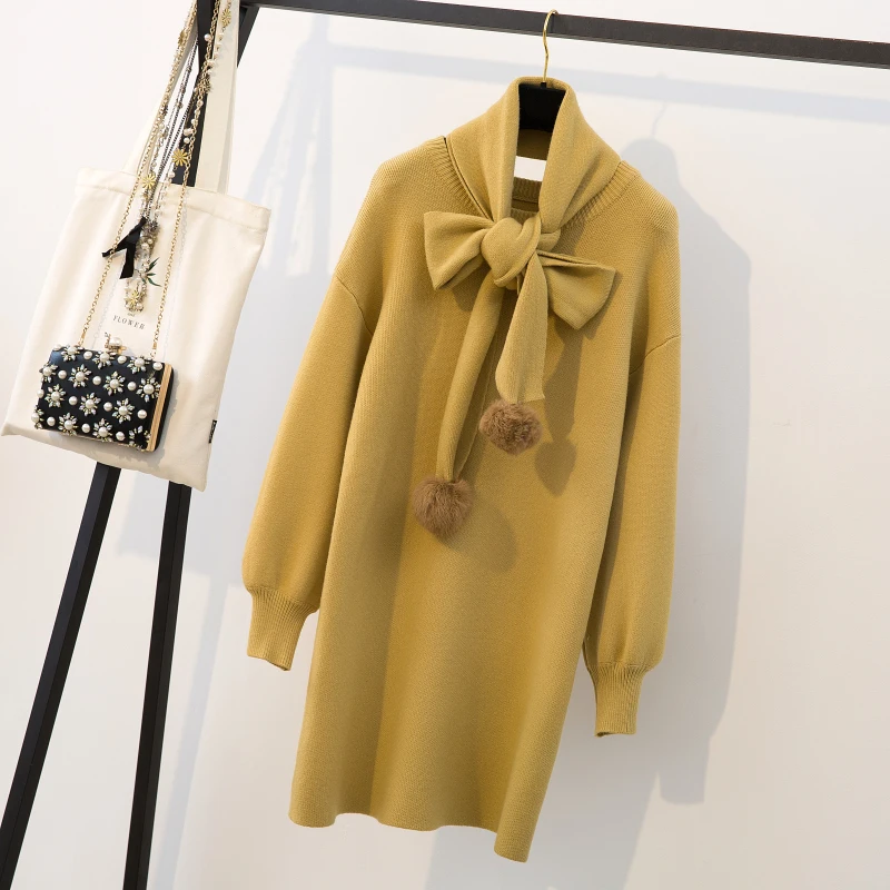 Женское вязаное платье-свитер большого размера плюс на зиму и осень, повседневные платья с длинным рукавом красного и черного цвета, большие однотонные платья с шарфом - Цвет: Yellow