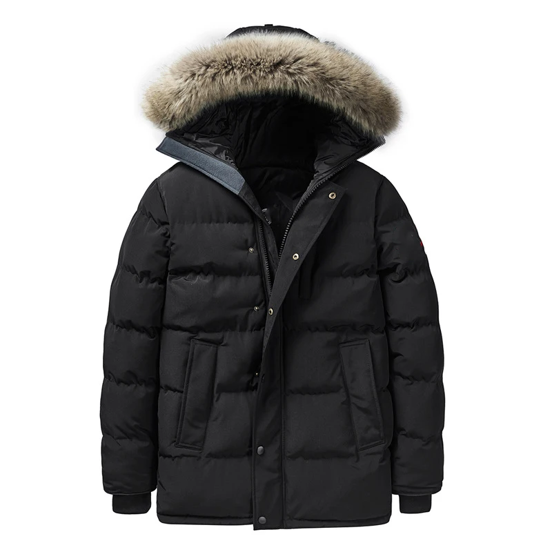 2019 повседневная черная зимняя куртка мужская ветровка Теплая стеганая меховая парка с капюшоном модная верхняя одежда пальто размера плюс