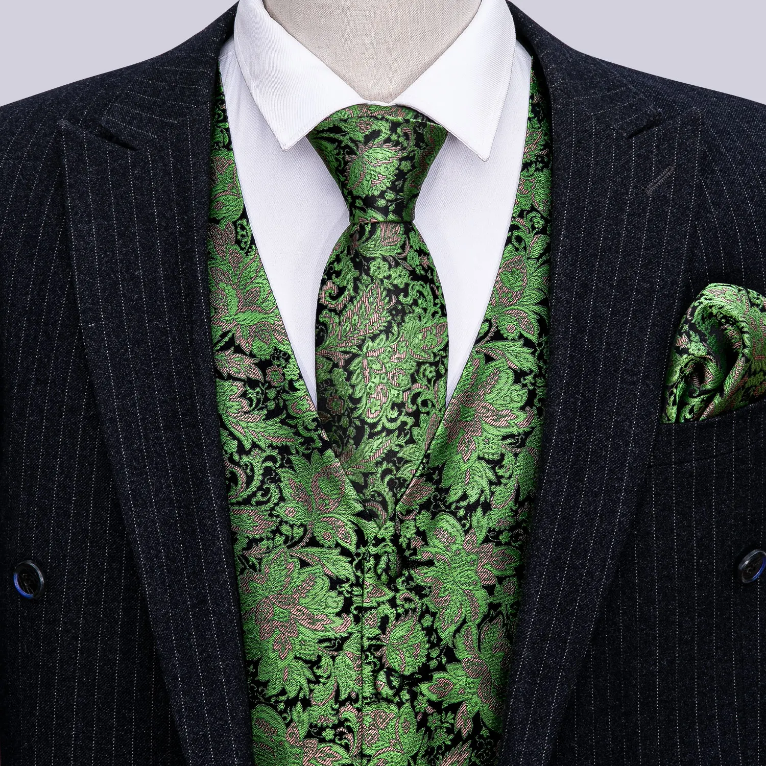 black blazer for men Green Mens Luxury Brocade Woven  Floral Suit Vest  Set Silk Tie Waistcoat Set Men Clothes Barry.Wang Fashion Designer M-2040 men blazer