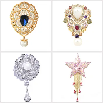 

Vintage Zircons Crystal Teardrop Brooches Pins for Women Wedding Bridal Bouquets Jewelry Accessories Elegant Pearl Dangle Broche