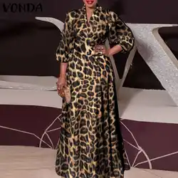 VONDA Vestido largo Vintage con estampado de leopardo para mujer, traje bohemio de calle, de talla grande, para otoño