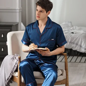 

Brand Pajamas Male Satin Silk Sleepwear Men Summer Short Sleeve Pyjama Pants Sets Softness Faux Silk Pijama Sst