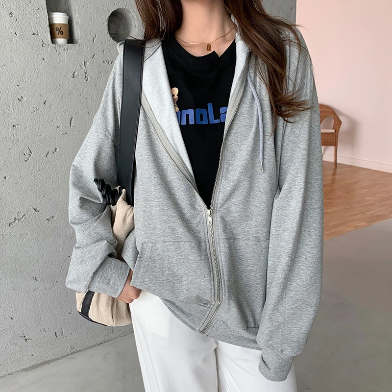 Harajuku Korean version loose thin long sleeved hooded sun protection coat solid color retro shirt student girl top