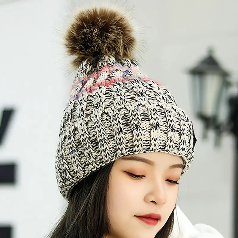 Женская Зимняя кепка с наполнителем, вязаная шапка с толстыми складками, теплые шапочки, наушники с помпонами, вязаная шапка с шариками