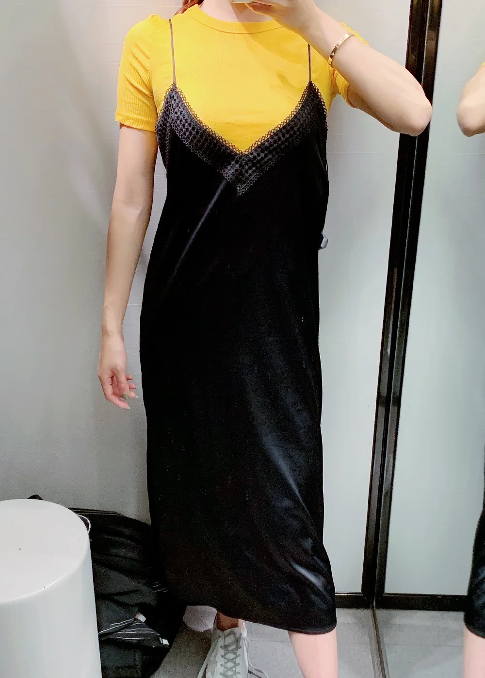 

Black And White with Pattern Long Braces Base Skirt Dress Spring And Summer Sexy Real Silk Mulberry Silk Strapped Dress Adjustab