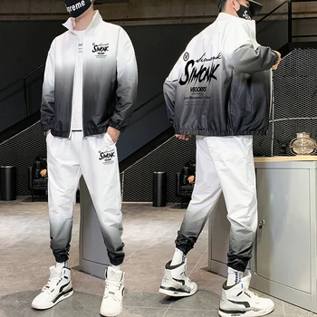 

Hip Hop Gradient Letter Tracksuit Men Zipper Stand Collar Jacket 2 Piece Set 2020 New Sport Fashion Jogger Men Big SizeTracksuit