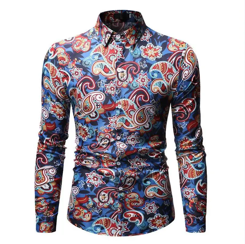 MOGU новые модные рубашки с цветочным принтом Slim Fit Мужские повседневные рубашки с длинными рукавами большие размеры M-3XL - Цвет: Синий