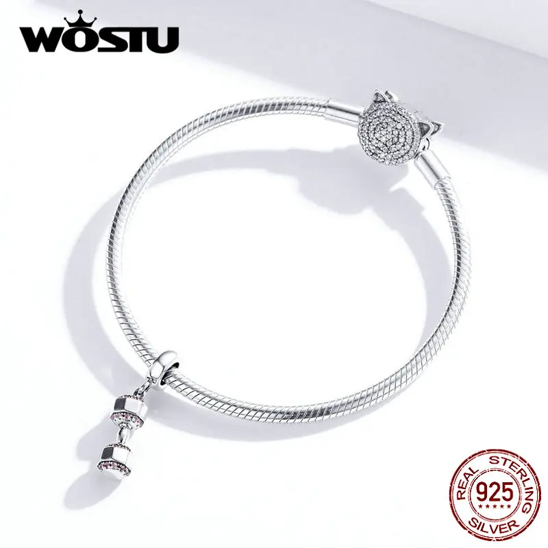 WOSTU модные 925 пробы серебряные гантели Фитнес талисманы подходят браслет кулон бусины для женщин DIY ожерелье ювелирные изделия BKC1340