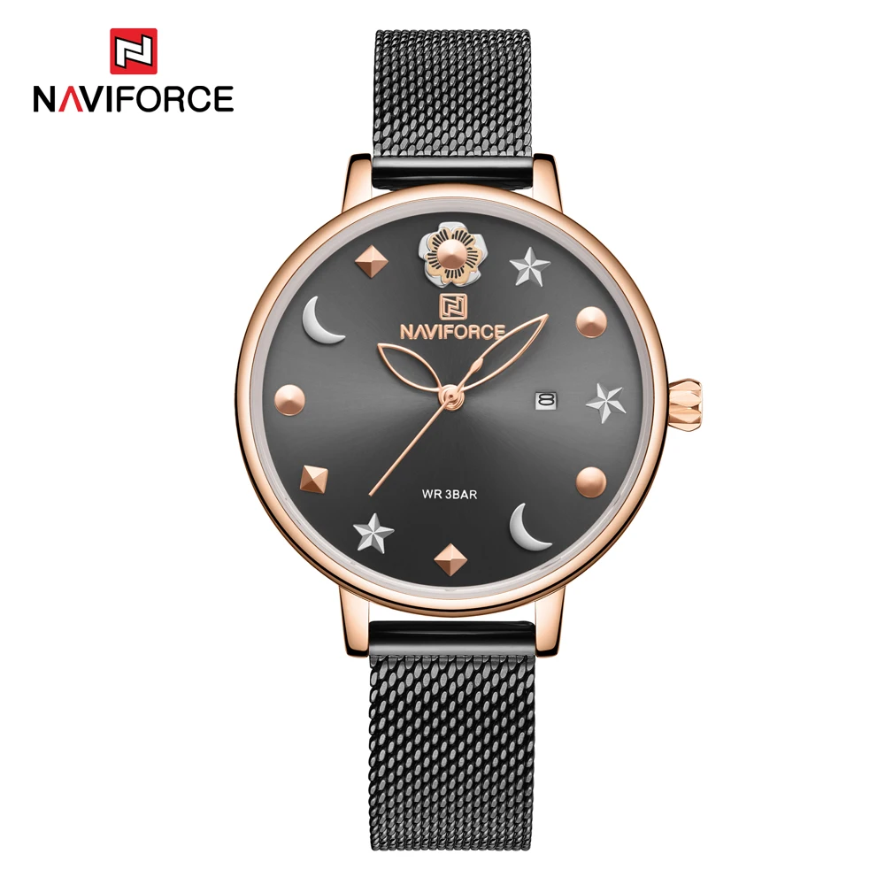 Black NAVIFORCE, роскошные часы из розового золота с кристаллами для женщин, кварцевые наручные часы, женские часы с браслетом, женские часы - Цвет: Black