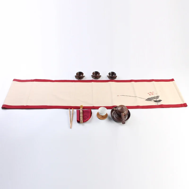 

Hand-Painted Linen Zen Tea Banquet Table Runner Tea Ceremony with Zero Chinese Style Flax Cup Mat Fabric Dry Foam Seat Tea Flag