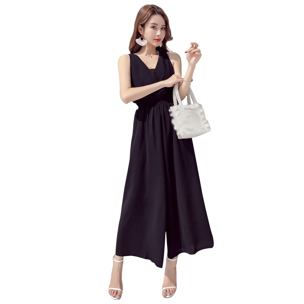 Черный Женский комбинезон, свободный, элегантный, модный, плиссированный, без рукавов, с эластичной резинкой на талии, Повседневный, широкие, летний, v-образный вырез, для отдыха, пляжа - Цвет: Черный