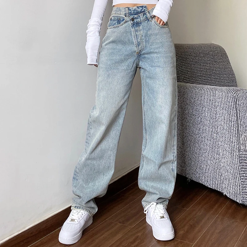 Mom-pantalones vaqueros holgados para mujer, Pantalones rectos de cintura alta, holgados e informales, sin definición, color blanco y negro, 2020