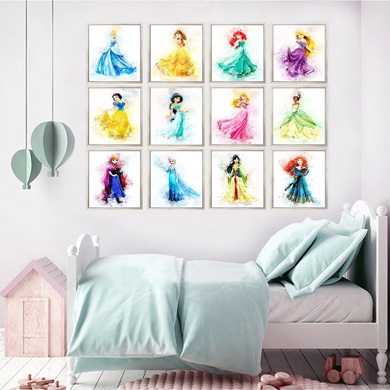 

Princess Watercolor Painting Canvas Print Nursery Wall Art Poster Elsa Anna Party Picture Baby Girls Bedroom Nordic Decor