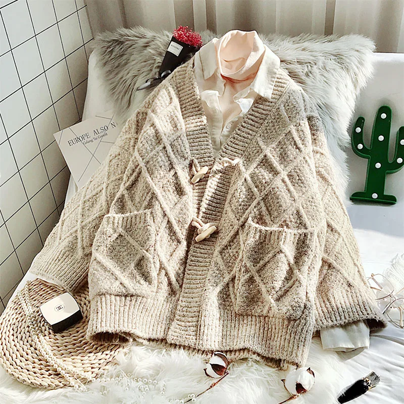 Beige Новинка, осенняя вязаная верхняя одежда с длинным рукавом и v-образным вырезом, свободные женские вязаные кардиганы с двойными карманами, женские свитера, Топ - Цвет: Beige