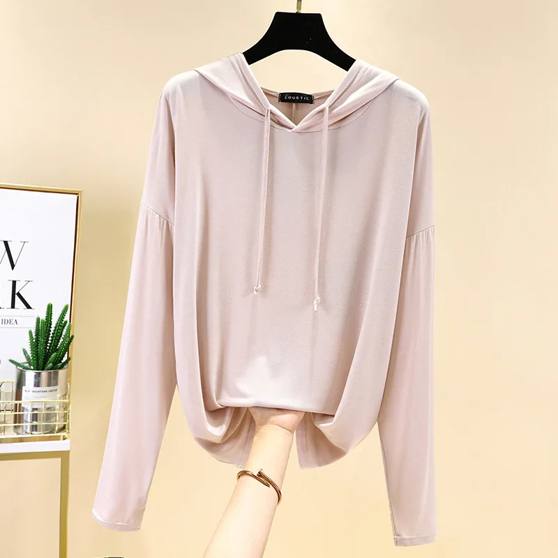 New ladies spring and autumn modal long-sleeved T-shirt large size hooded sweater loose bottoming shirt solid color top color