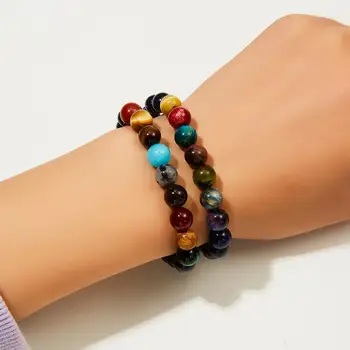 

New Yoga Chakra Bracelet Eight Planets Natural Tiger Eye Stone Bead Bracelet Universe Solar System Elastic Bracelets Jewelry Gif